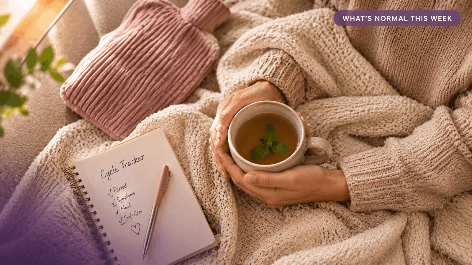 Woman resting with tea during pregnancy week 1 while experiencing period-related symptoms