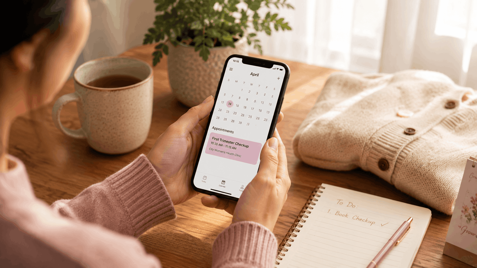 Woman booking her first trimester checkup appointment during pregnancy week 1