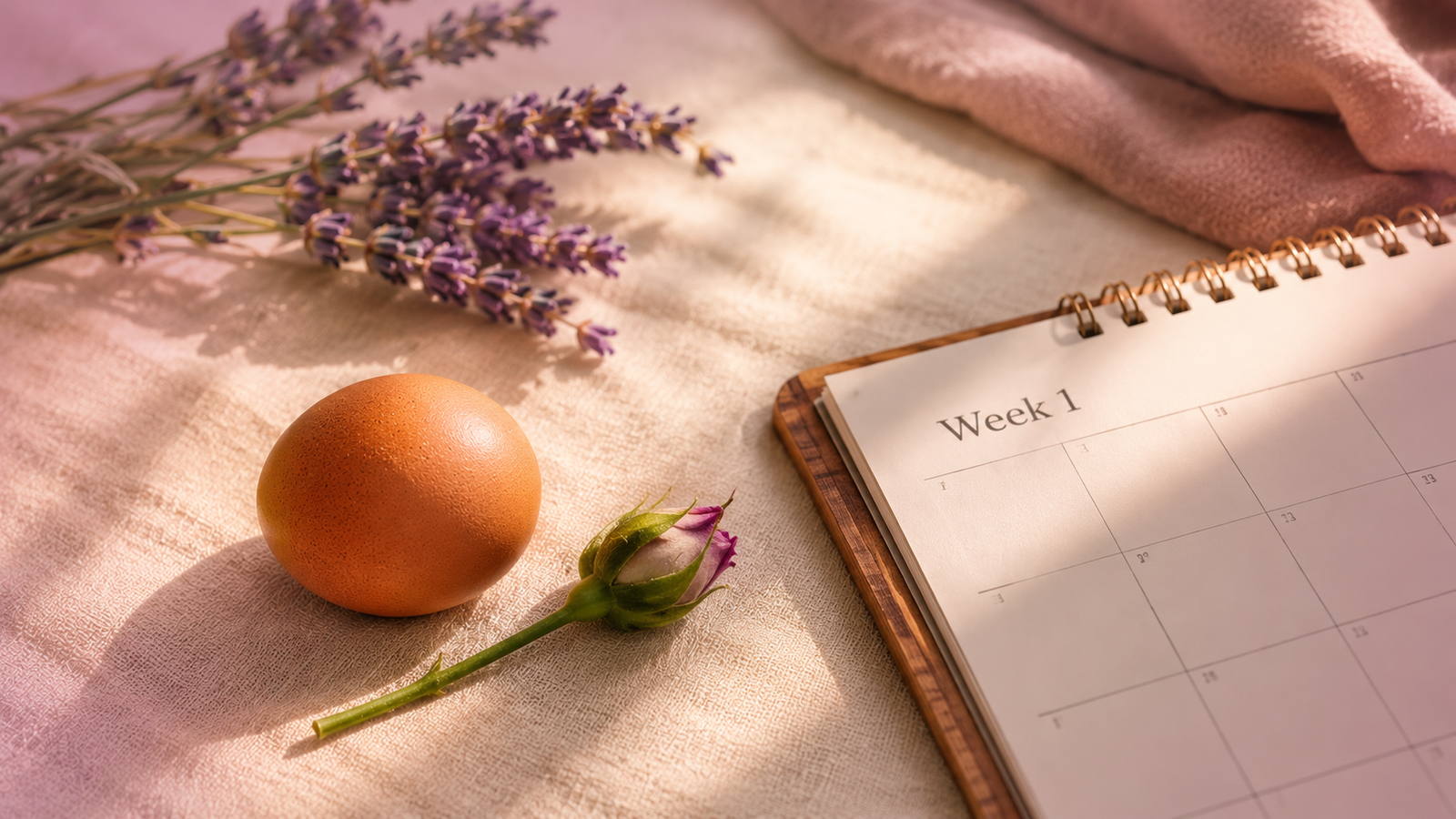 Pregnancy week 1 illustration of an egg and flower bud symbolizing no baby yet before conception