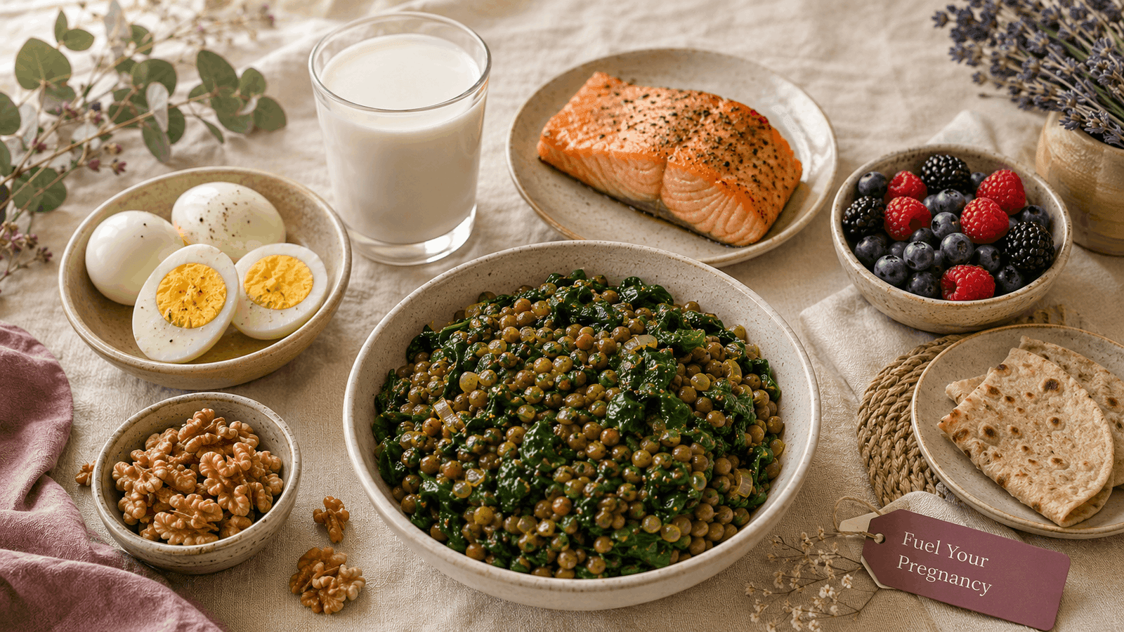 pregnancy care tips nutrition plate with folic acid iron and protein foods
