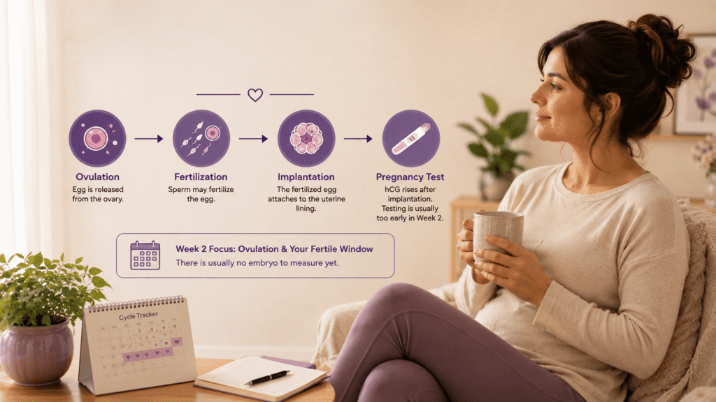 Pregnancy week 2 timeline showing ovulation, fertilization, implantation and pregnancy testing