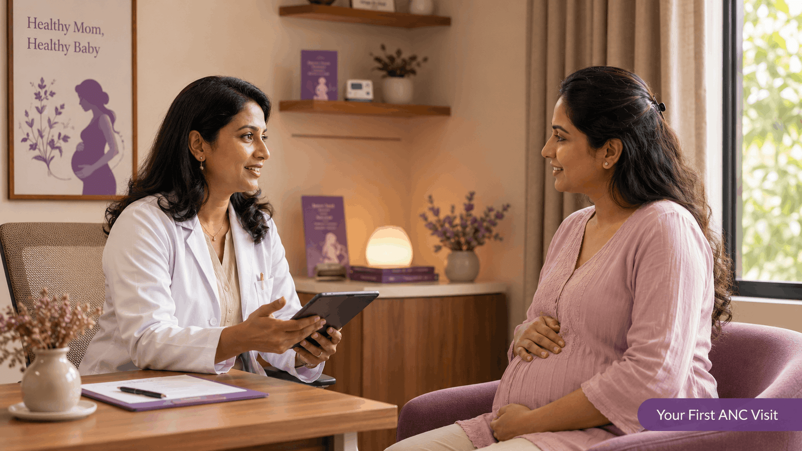 doctor explaining antenatal care during first pregnancy care guide visit
