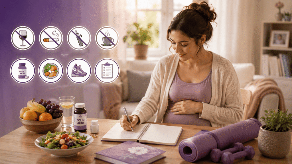 Pregnancy week 2 healthy habits including folic acid, nutrition, exercise and avoiding alcohol and nicotine