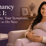 Pregnancy week 1 care guide cover showing a pregnant woman gently holding her belly by a sunlit window