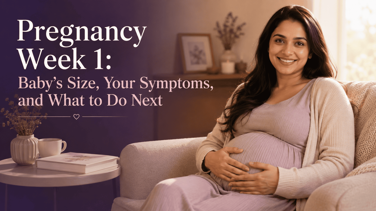 Pregnancy week 1 care guide cover showing a pregnant woman gently holding her belly by a sunlit window