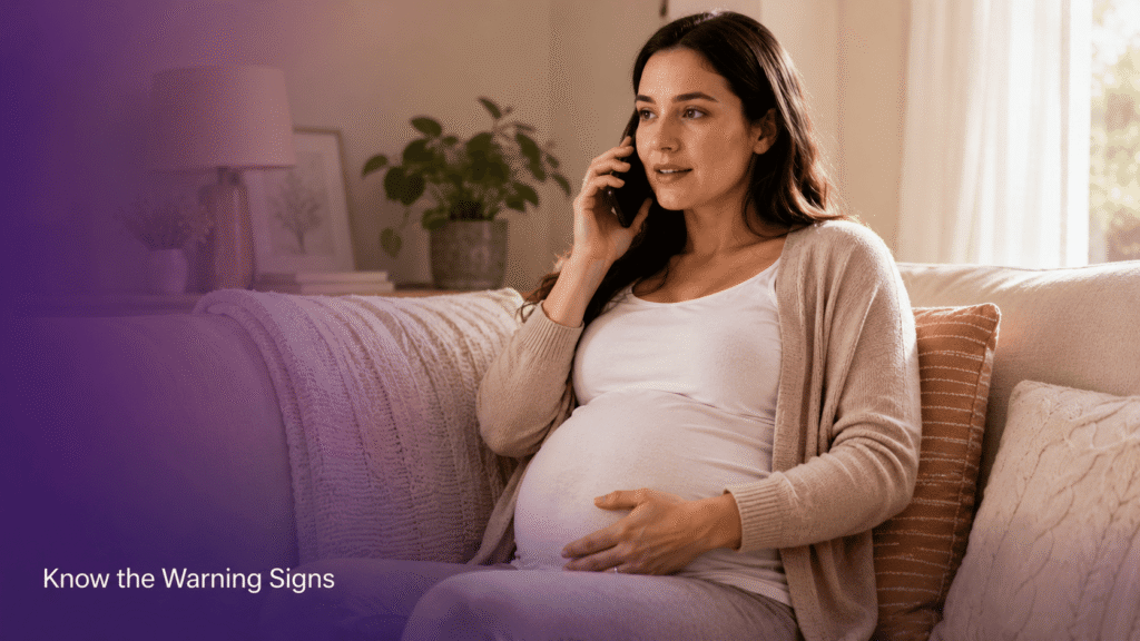 Pregnant woman contacting her healthcare provider about warning signs in the first trimester of pregnancy